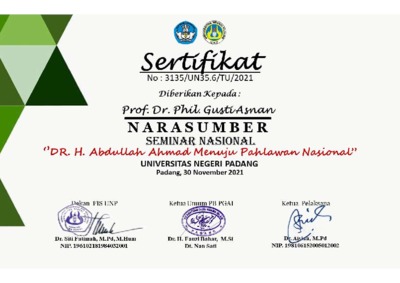 Setifikat Gusti Asnan Sebagain Pemakalah Seminar Nasional Dr. Abdullah ...